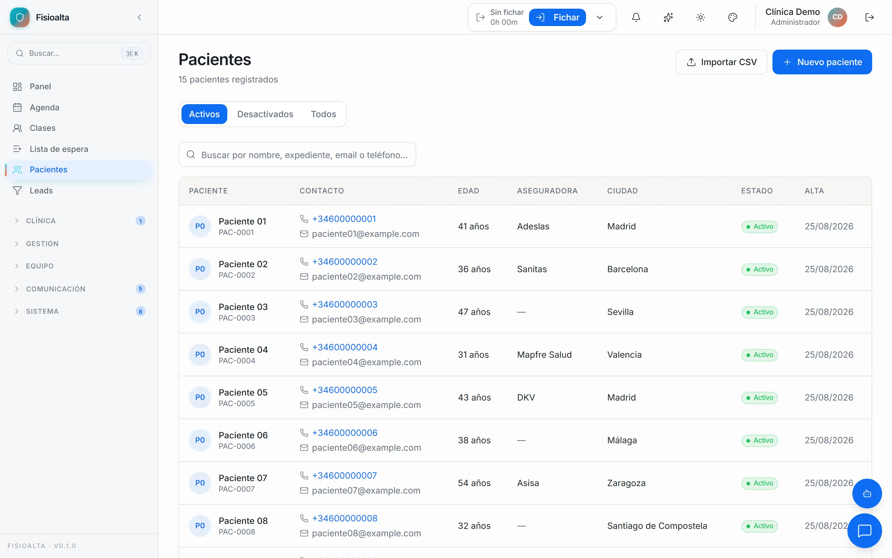 Ficha de paciente de Fisioalta con su historial
